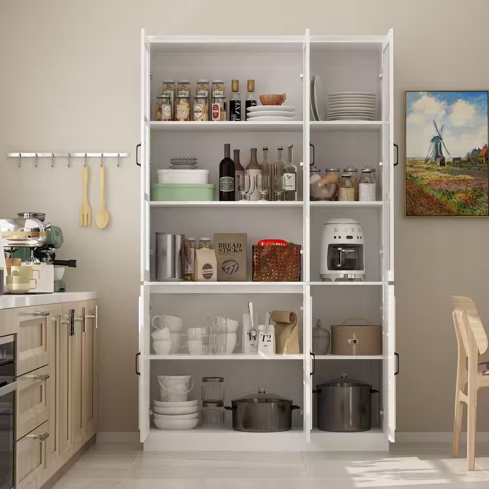 White Wood 47.2 In. W Buffet and Hutch Kitchen Cabinet with Glass Doors ( 47.2 I