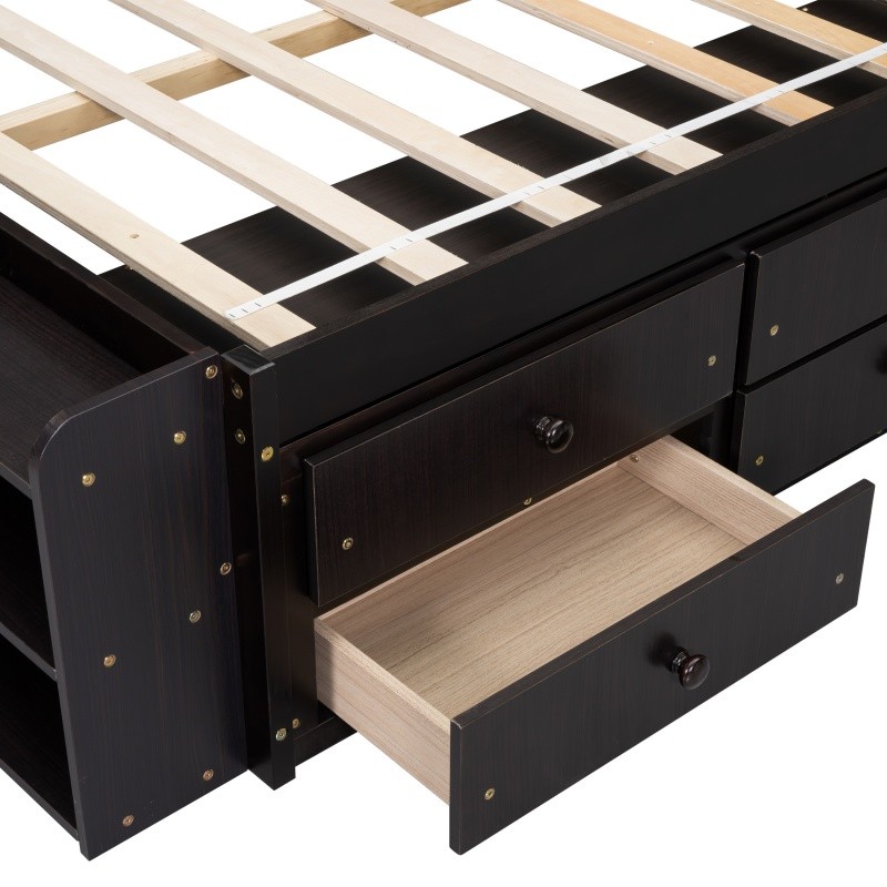 Full Size Wood Storage Bed w/Bookcase,6 Drawers & Bed End Storage Case Espresso