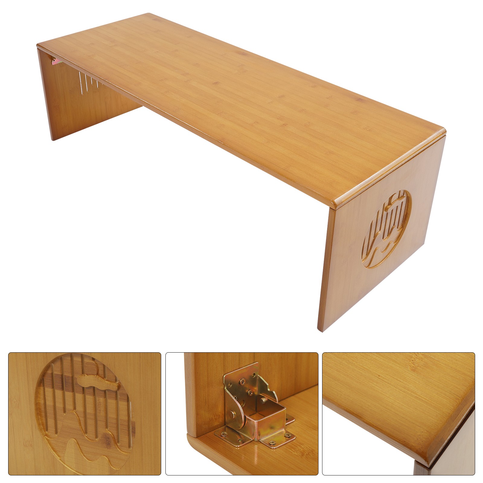 Tawny Foldable Bamboo Floor Table With Chinese Landscape Carving, No Assembly