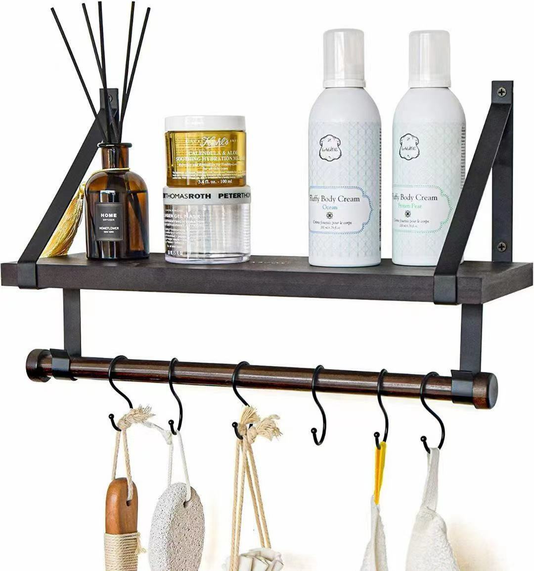 Wall Mounted Bathroom Shelf with Towel Rack and 6 Hooks, Rustic Storage Floating