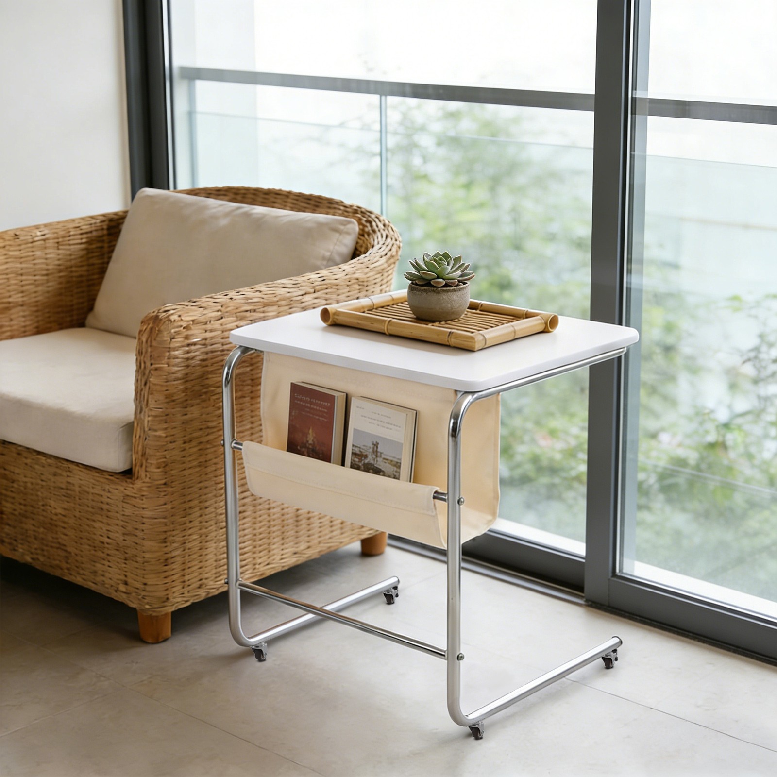Rolling C-Shaped End Table Mobile BedSide Table Coffee Table Bedroom Living Room