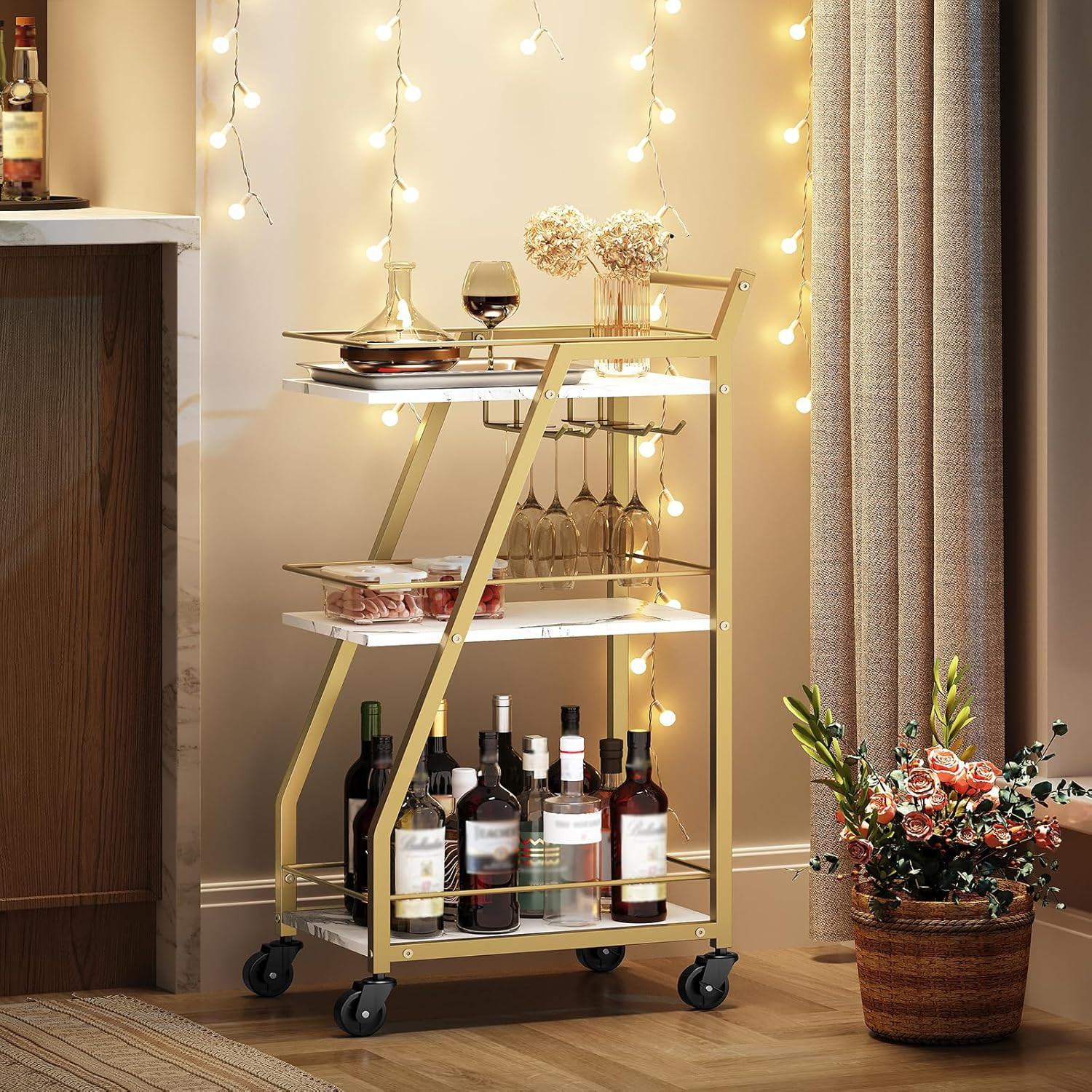 Bar Cart, 3-Tier Home Bar Serving Cart with Wheels, Drink Cart with Glass Holder