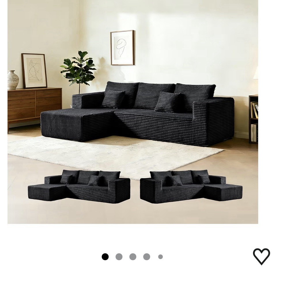 Black Corduroy Right-Hand Facing Sectional Sofa w/ Chaise, 4-Seat Track Arm