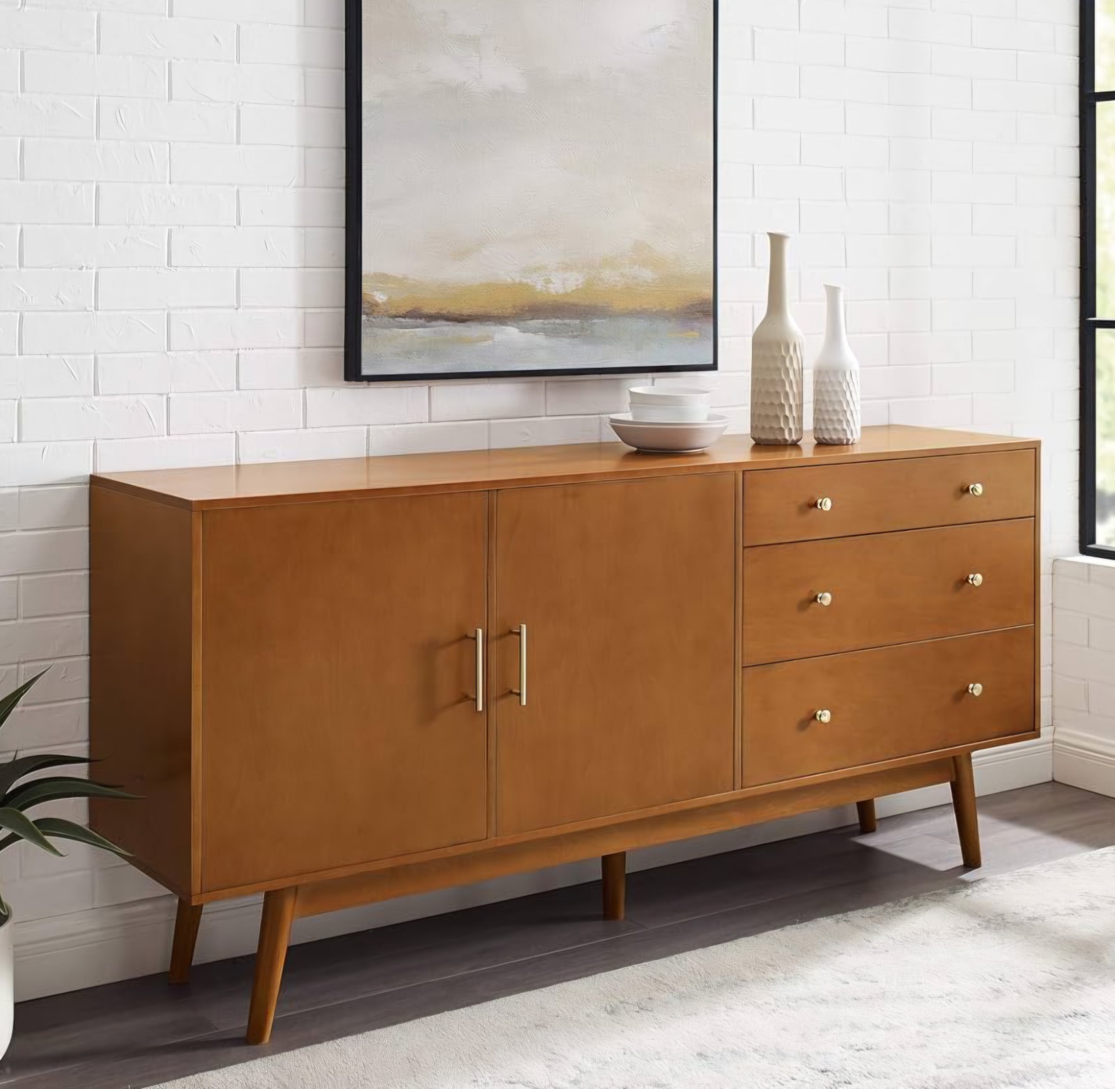 Mid-Century Modern Buffet Sideboard Storage Cabinet Doors Dining Console Acorn