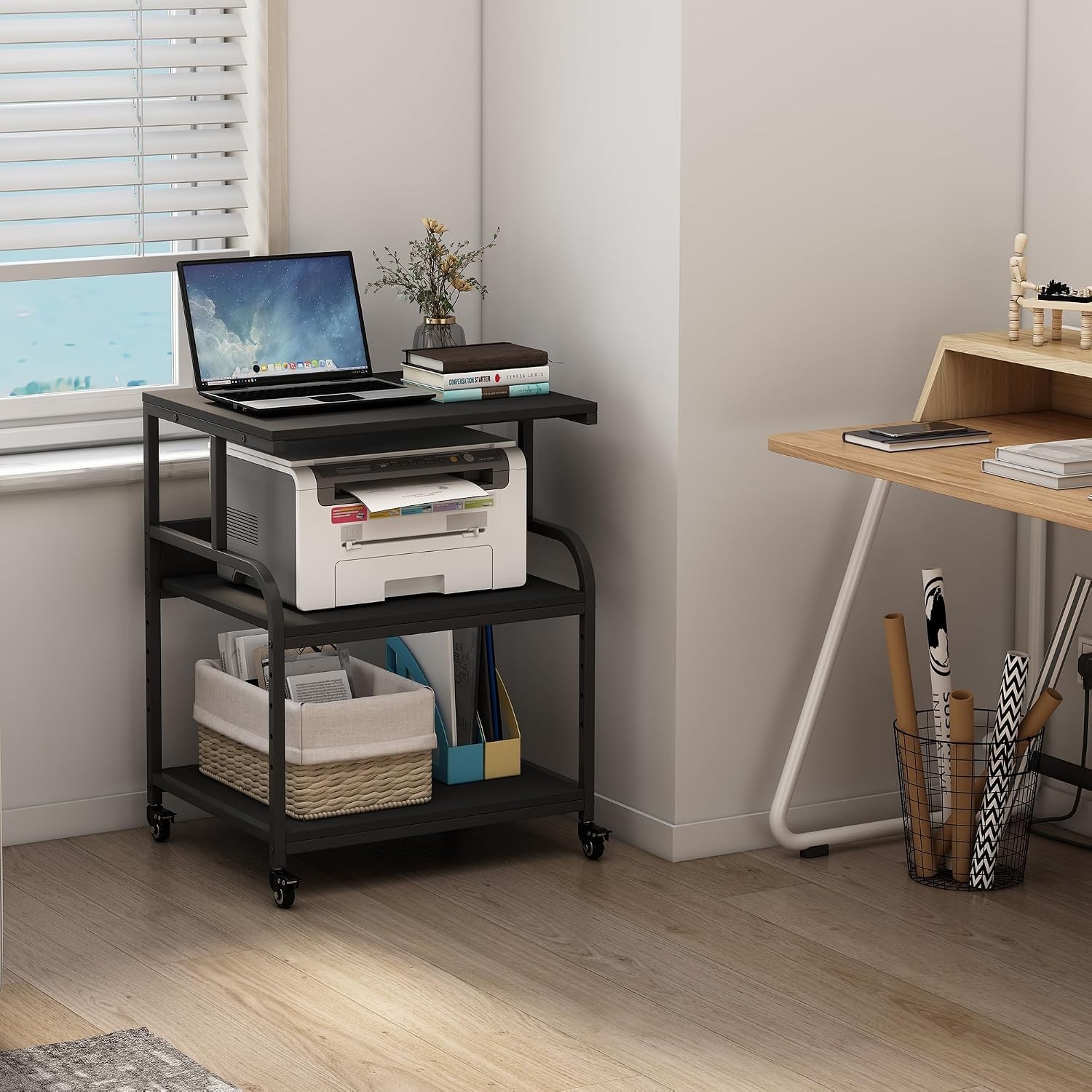 Compact Printer Stand with 100lb Capacity & Height Adjustable Shelf – Black
