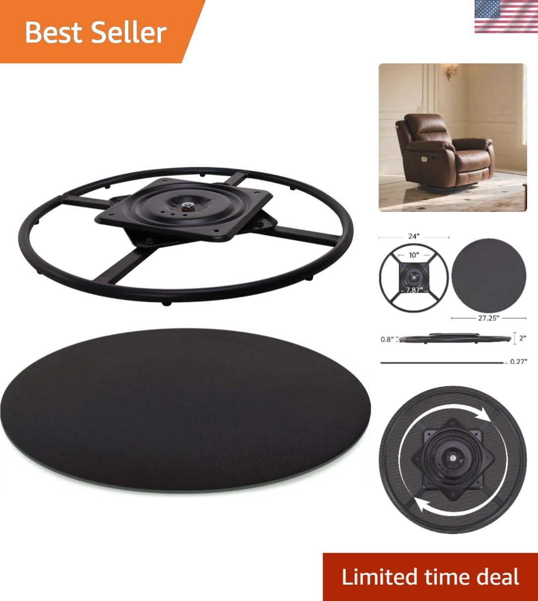 24 Inch Swivel Base Kit with EVA Pad – Perfect for Recliners & Lounge Chairs