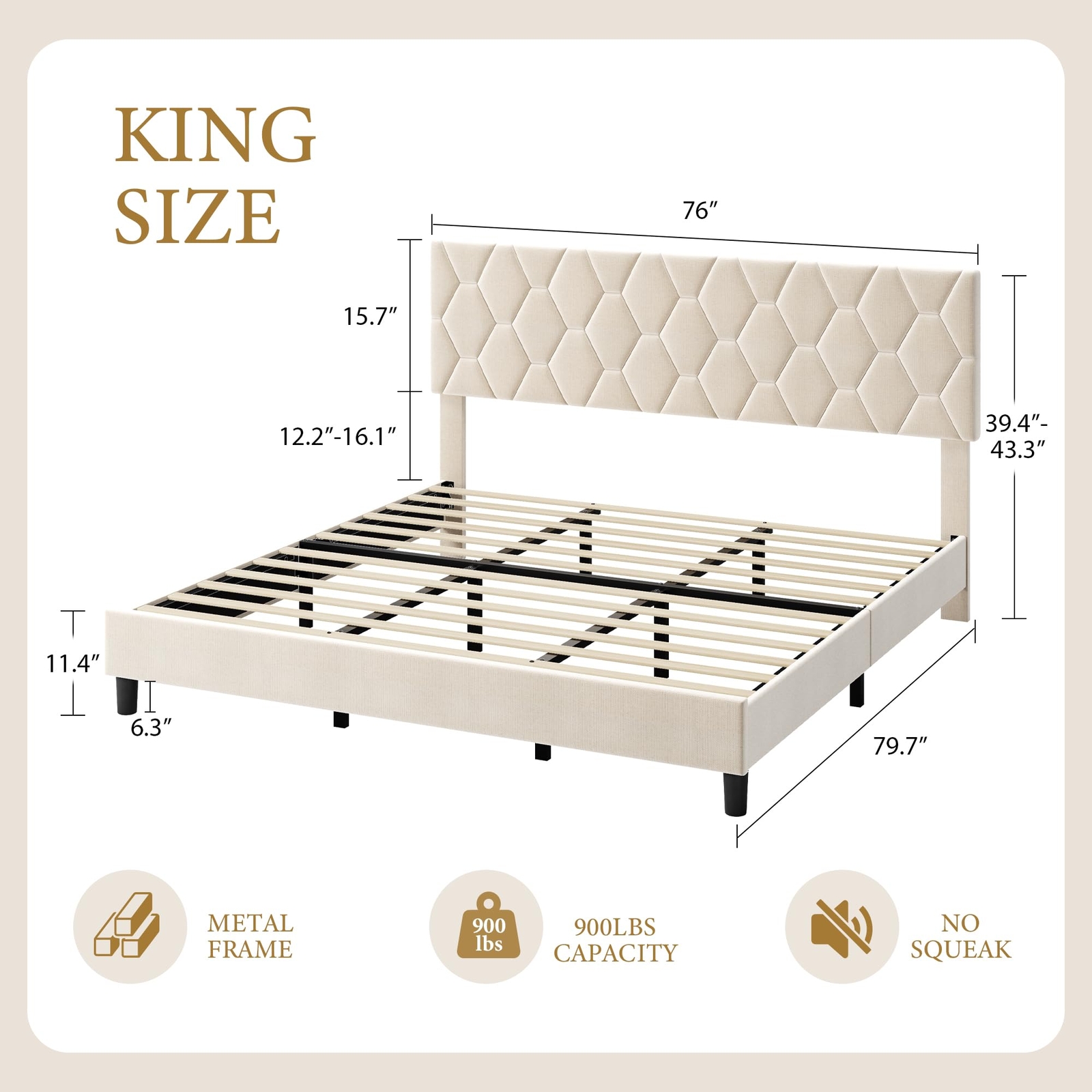King Size Platform Bed Frame w/ Upholstered Adjustable Headboard Wooden Slats US
