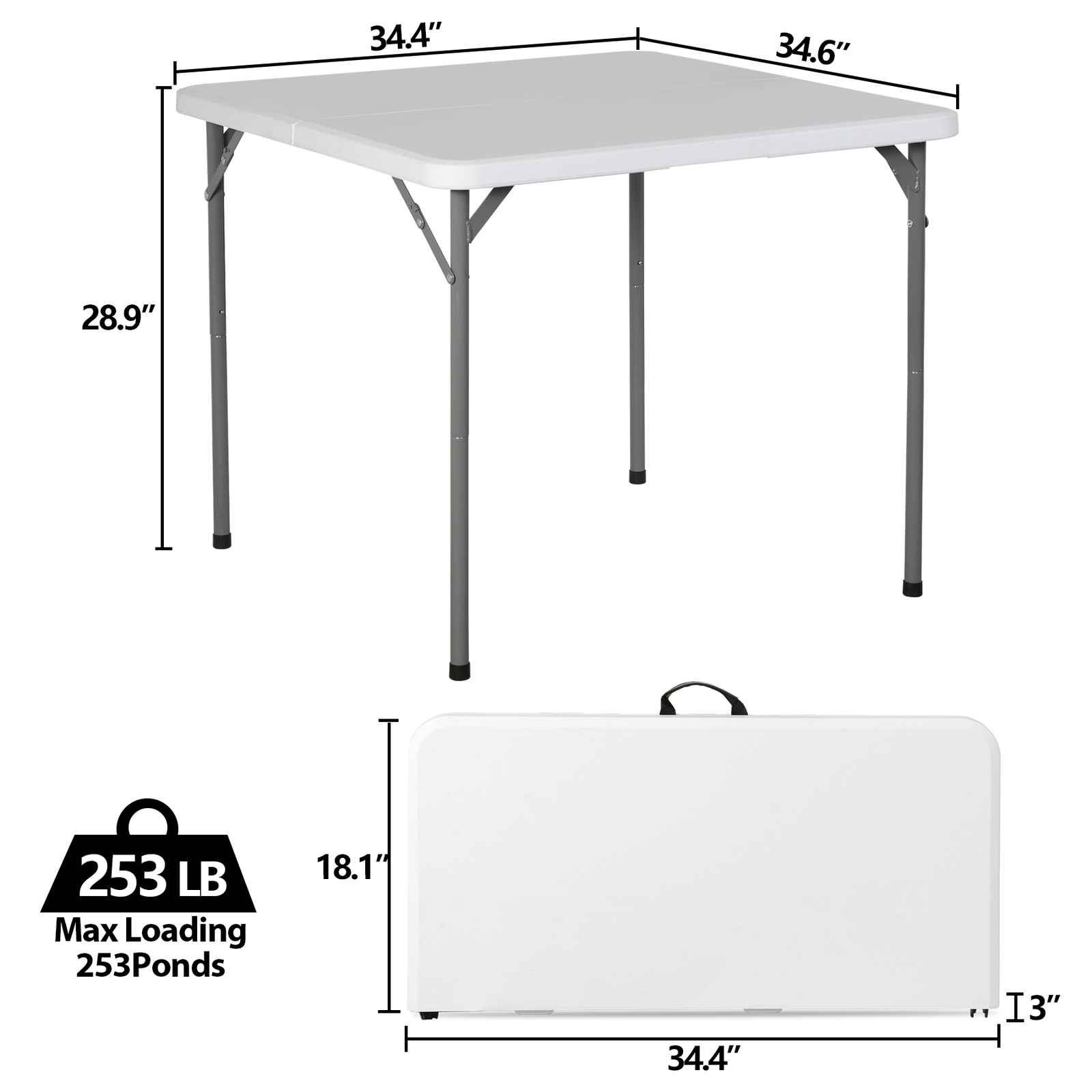 Heavy Duty 34″ Folding Table Plastic Square Card Table w/Carrying Handle White