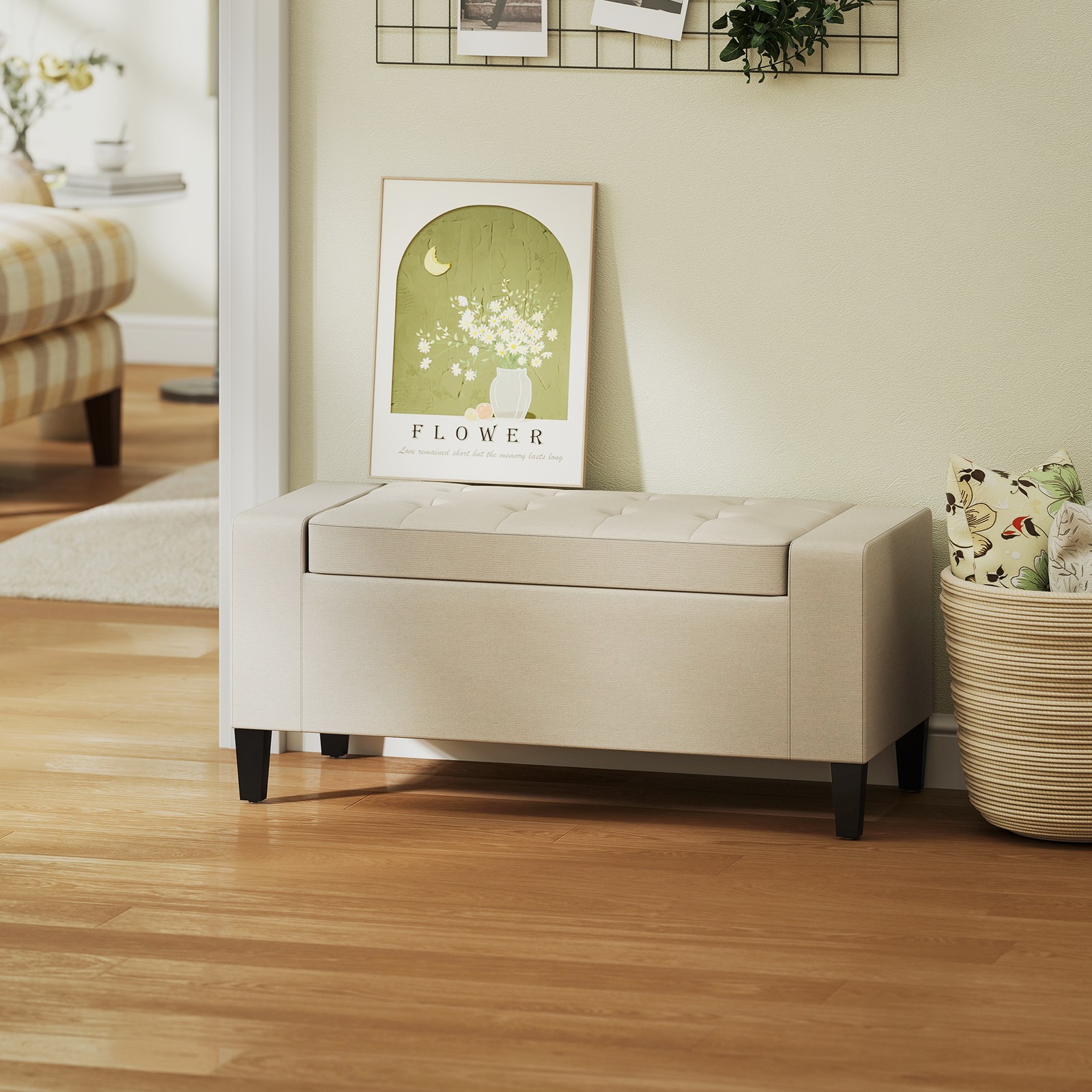 Rectangular Tufted Linen Storage Ottoman Bench with Flipping Top Beige