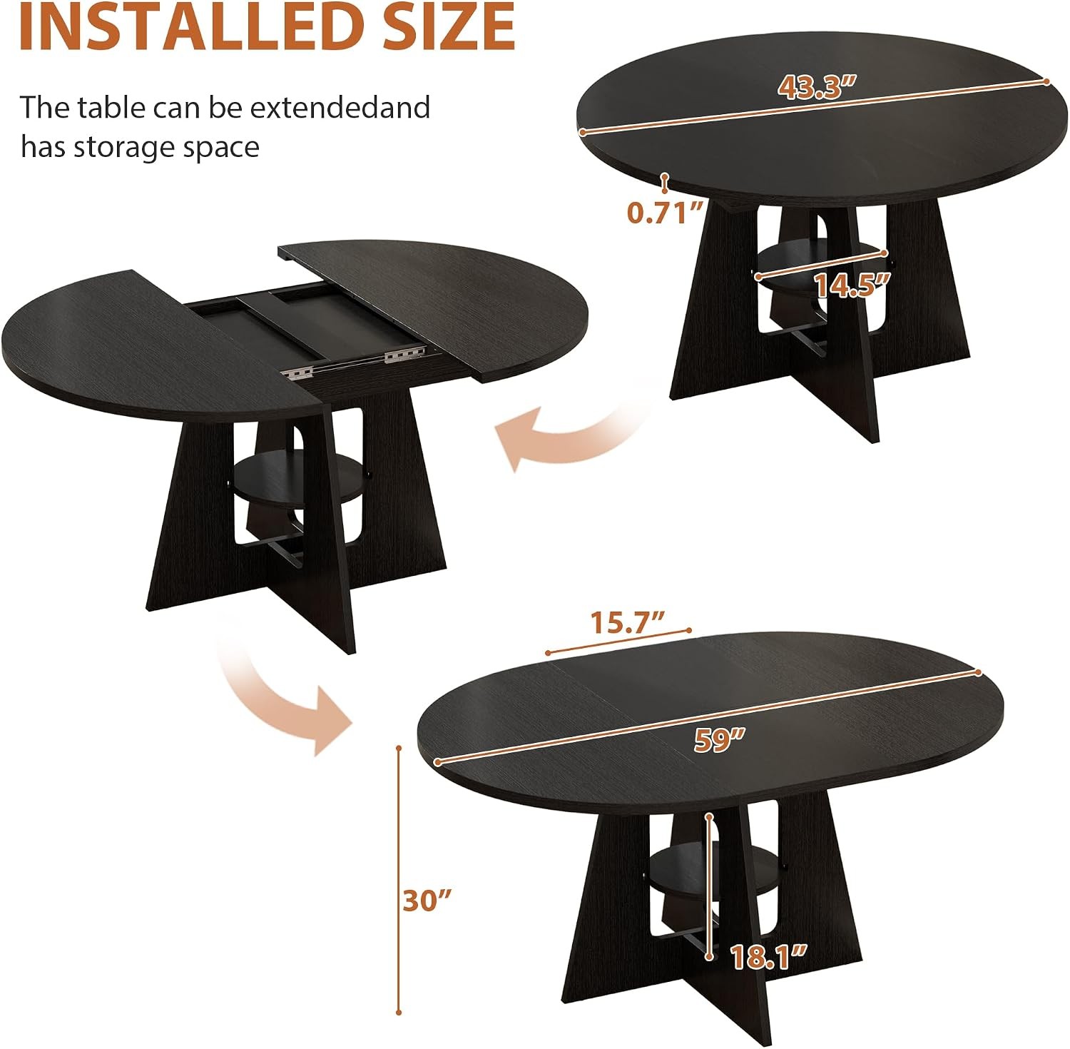 Extendable Round Dining Table for 4-8, 43.3in-59in Modern Kitchen Dining Table