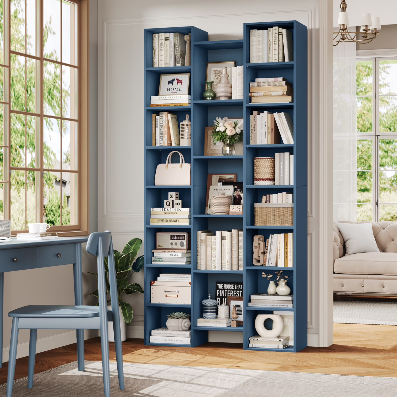 21-Cube Bookcase, 71’’ Tall Wooden Bookshelves with Adjustable Shelves, Triple W