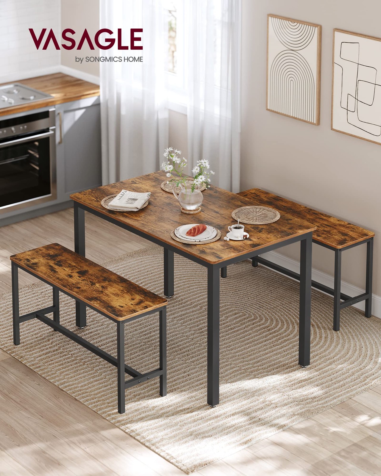 Dining table with 2 benches, set of 3, kitchen table 70 x 110 x 75 cm, 2 benches each 30 x…