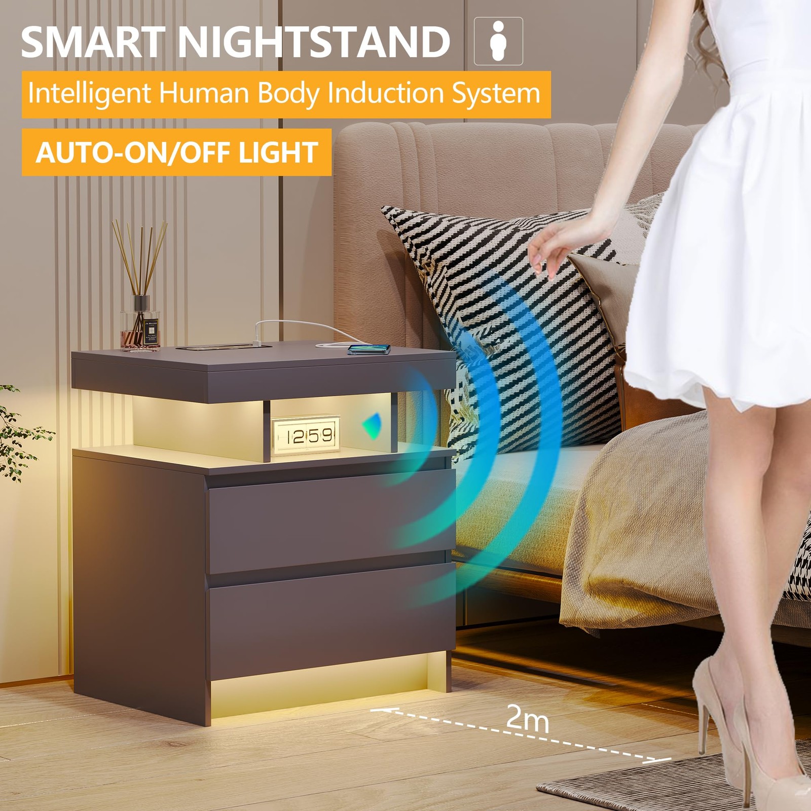 dnbss Nightstand with Charging Station and LED Light, Modern Large, Grey