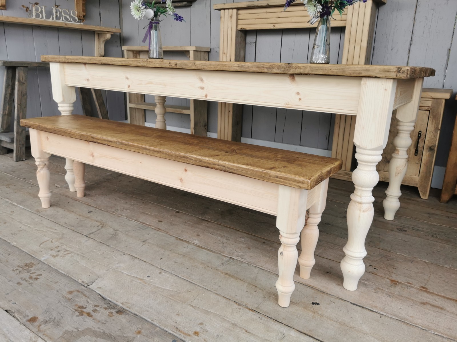 7 Ft Rustic Reclaimed Plank farmhouse dining table and bench