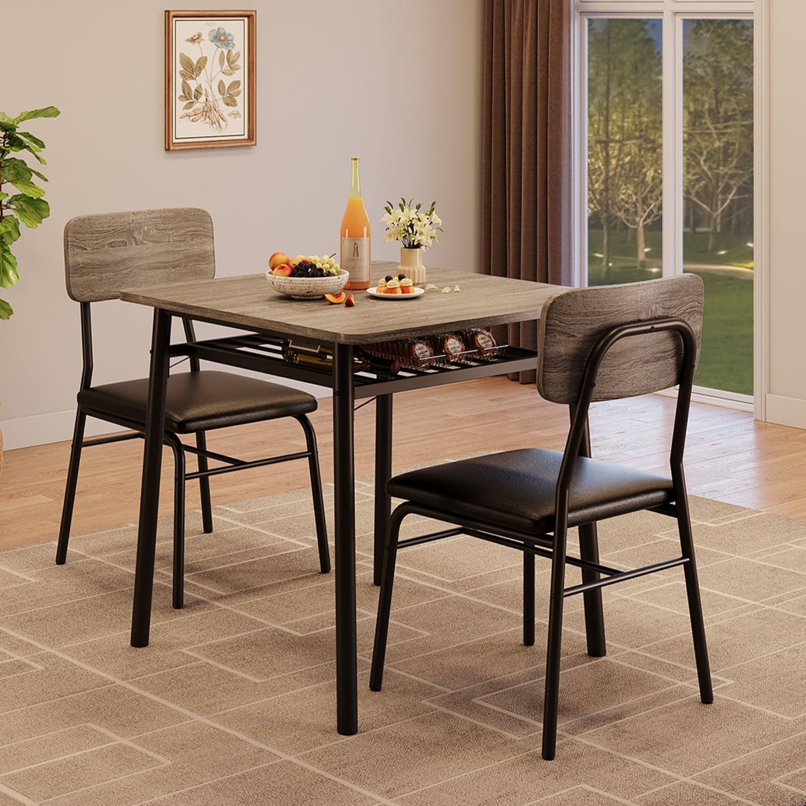 Dining Set for 2 Wood Top Table and 2 Upholstered Chairs for Small Space Kitchen