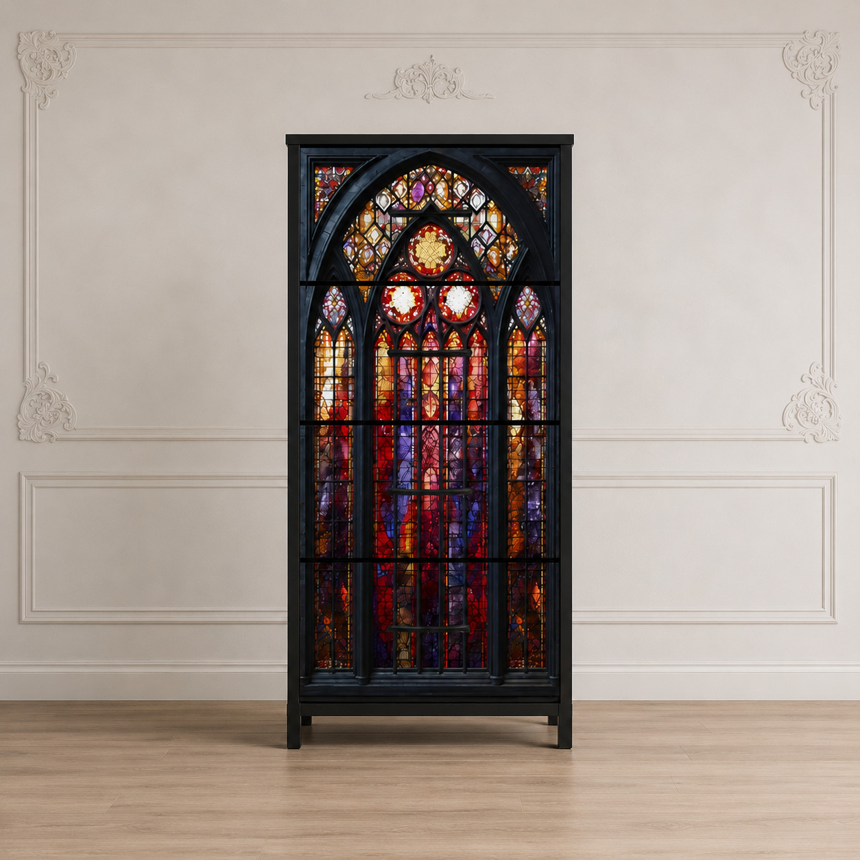 Gothic Stained Glass Inspired Storage Cabinet Decorative Cathedral Accent Unit
