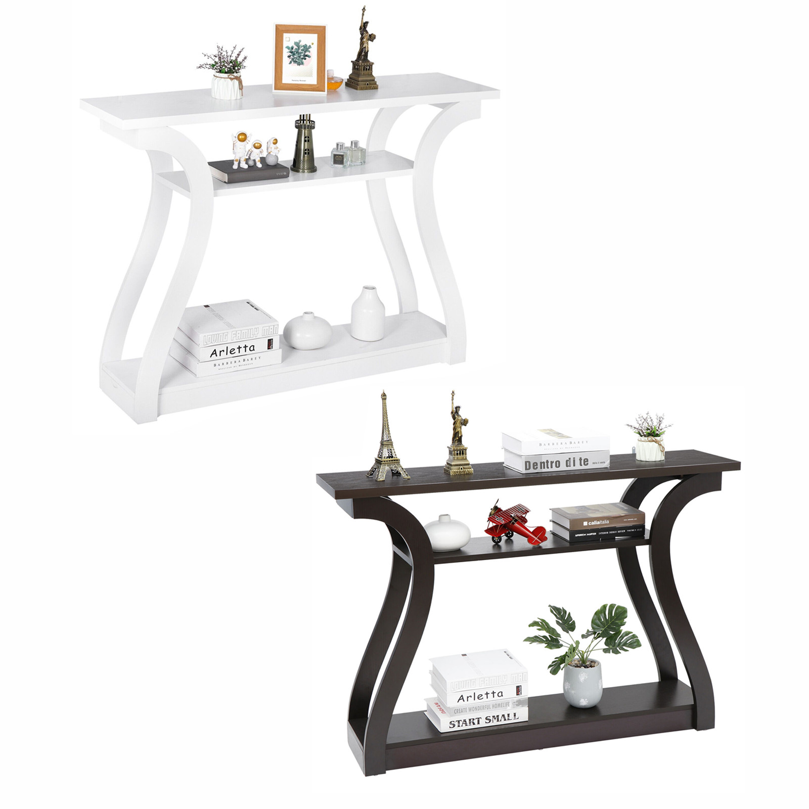 Wood Console Table Entryway 3 Tier Accent Sofa Table with Curved Leg White/Brown