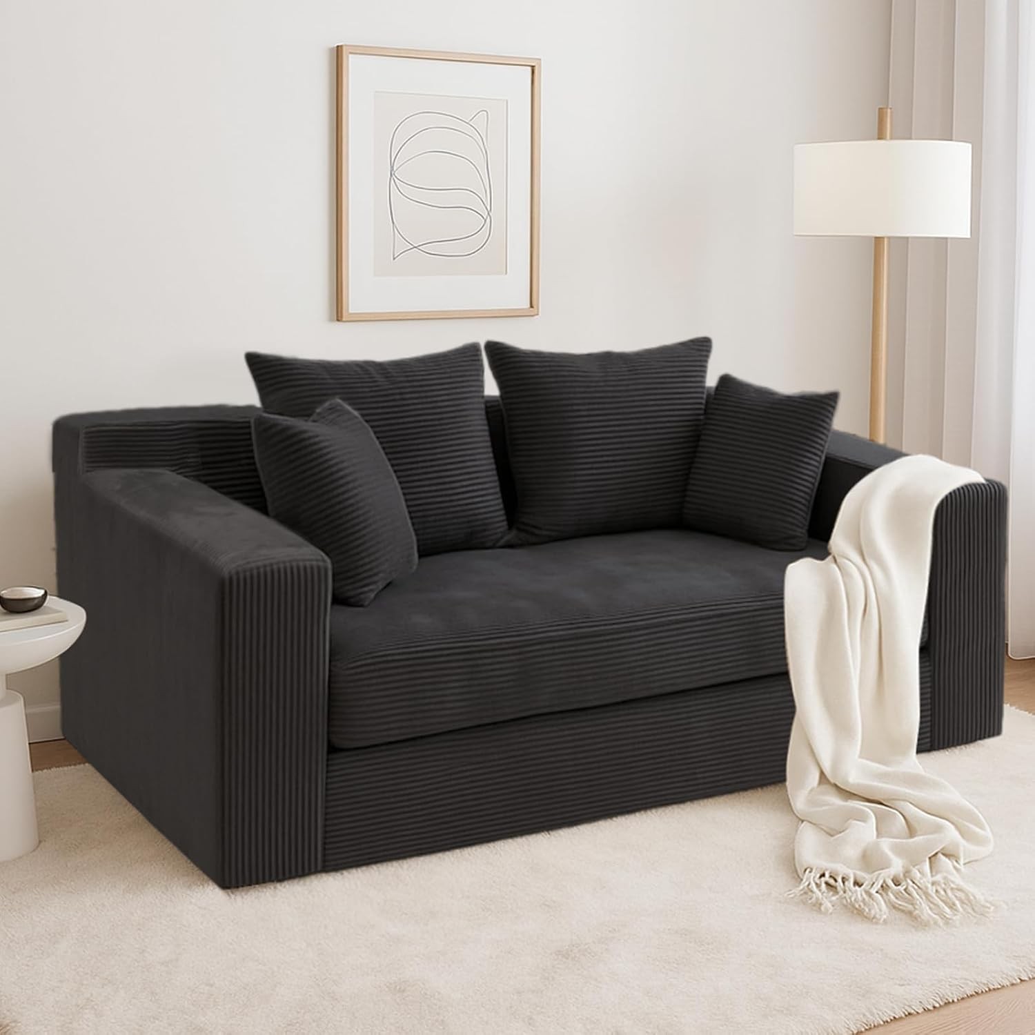 Foldable 3-in-1 Loveseat Convertible Sofa Bed Corduroy Futon Couch With Pillows