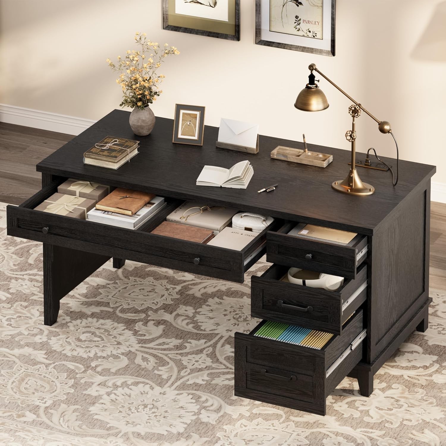 53.5″ Farmhouse Office Desk with USB Ports & File Drawer, Wood Computer Desk