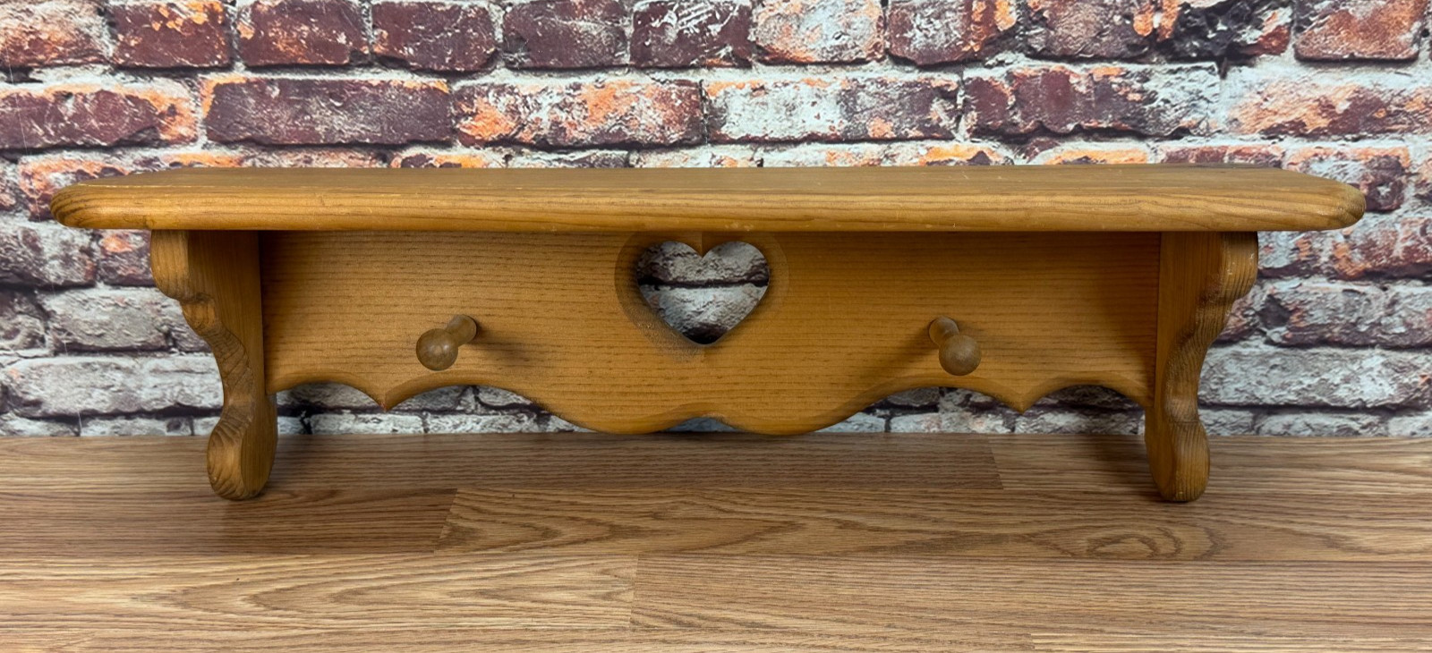Vintage Wooden Wall 2 Peg Shelf w/ Heart Cutout Design – 24”x7”x7” – Farm House