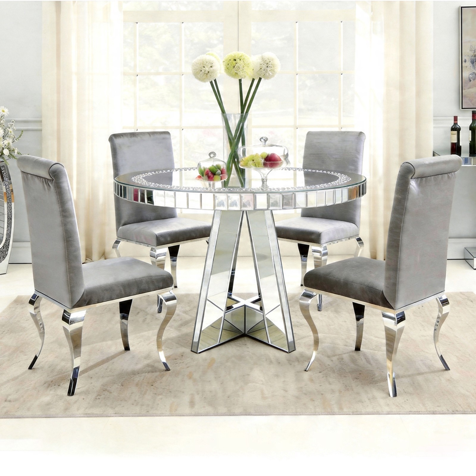 Round Mirrored Glass Dining Table Center Hall Table Glass Kitchen Table