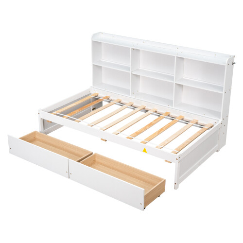 Twin/Full Size Daybed with Storage Drawers & Bookcase Solid Wood Sofa Bed Frames