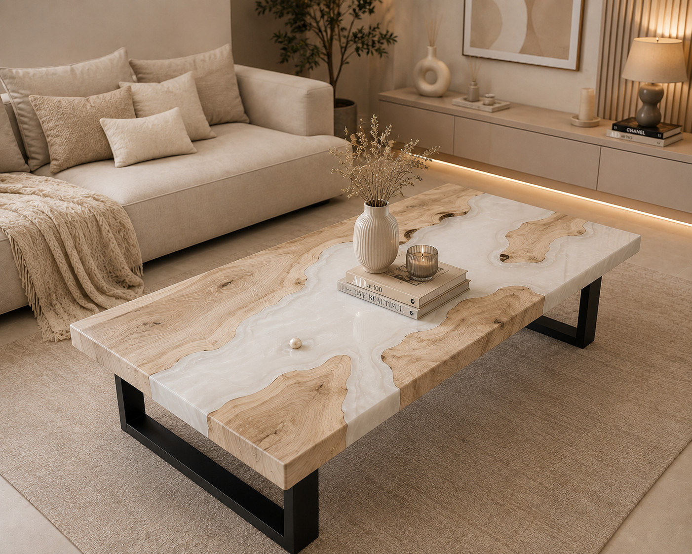 White Epoxy River Coffee Table | Wooden Rectangular Modern Living Room Furniture