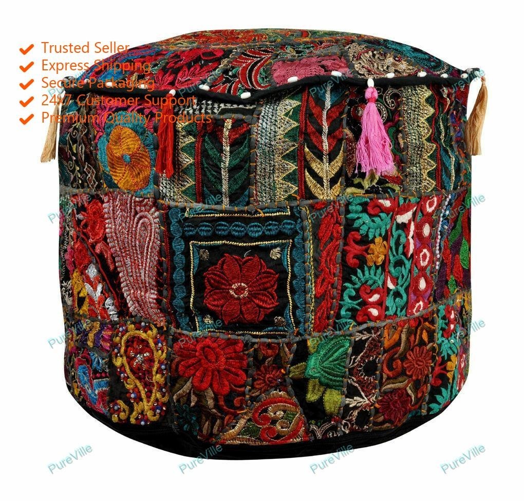 Bohemian Indian Decorative Floral Pouf Cover Ottoman Pouffe Foot Stool Art
