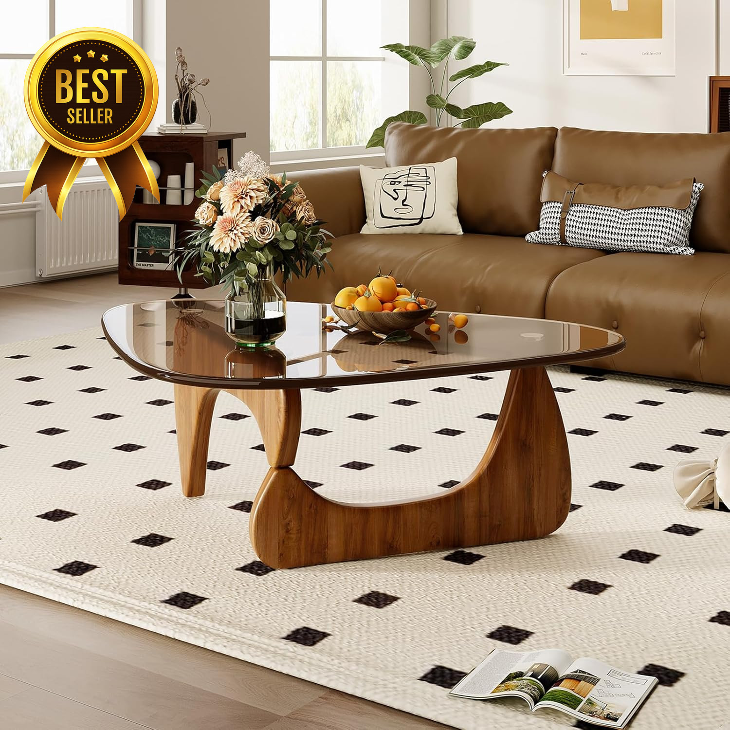 32″ Mid Century Modern Coffee Table Glass Top Wood Center Table Walnut Brown