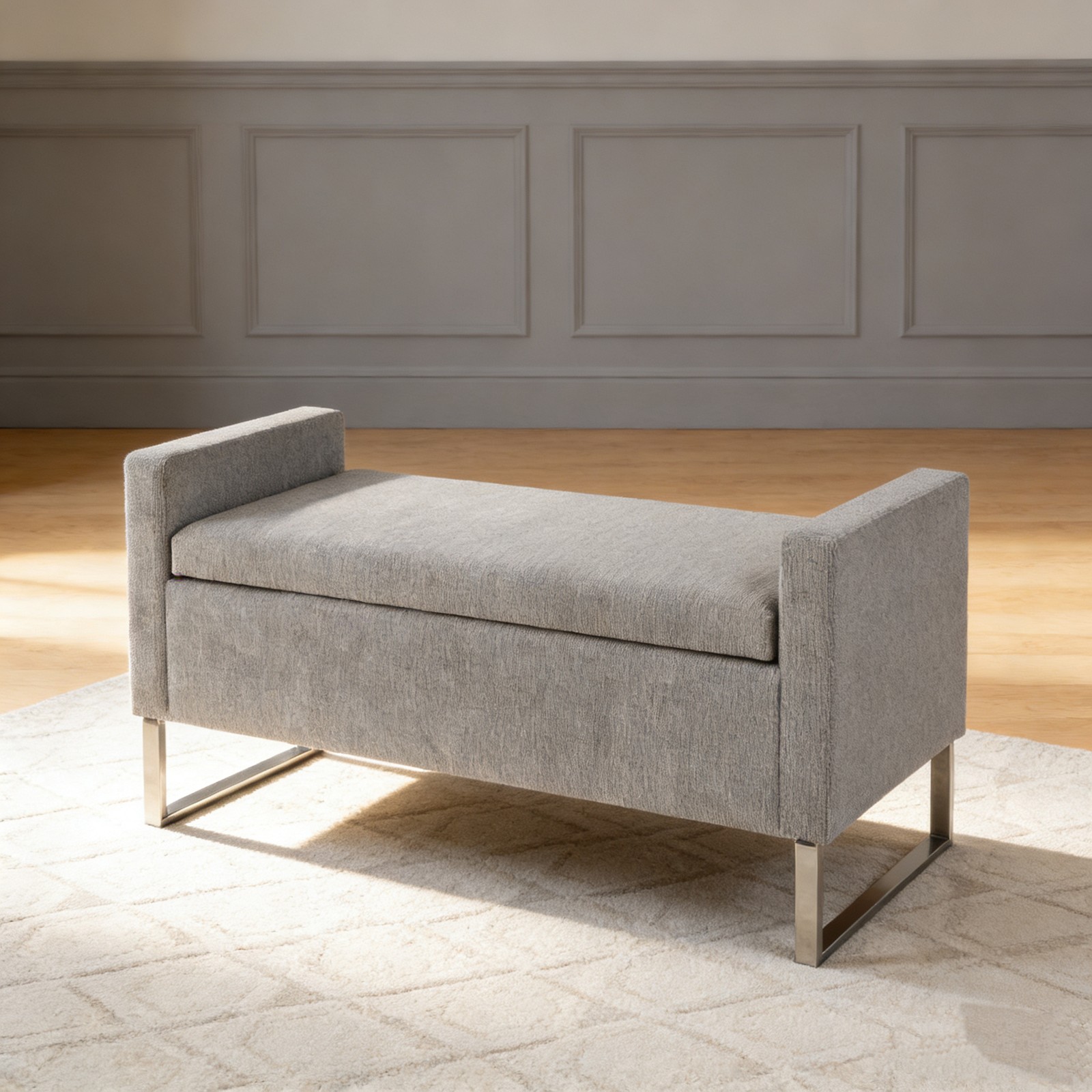 Upholstered Storage Ottoman Bench for Living Room, Bedroom, Grey w/ Metal Base