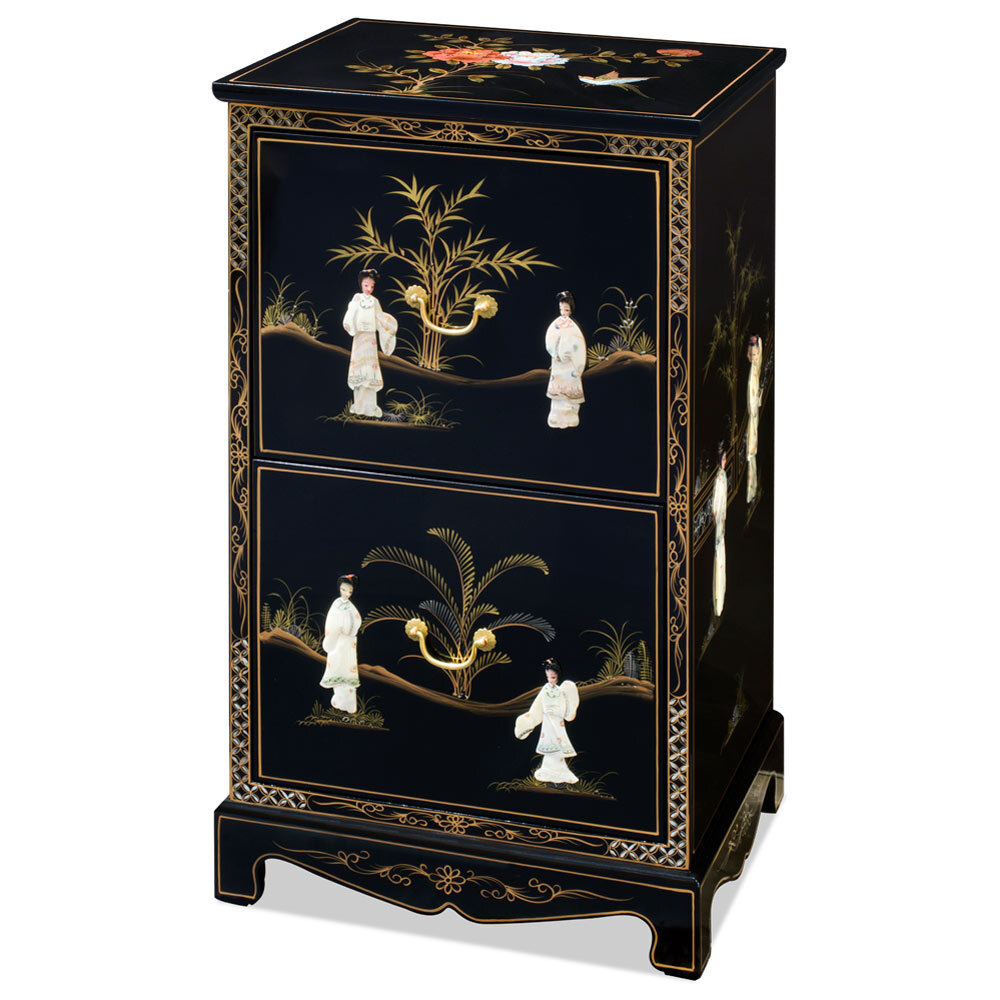 US Seller – Black Lacquer Mother of Pearl 2 Drawer Oriental File Cabinet