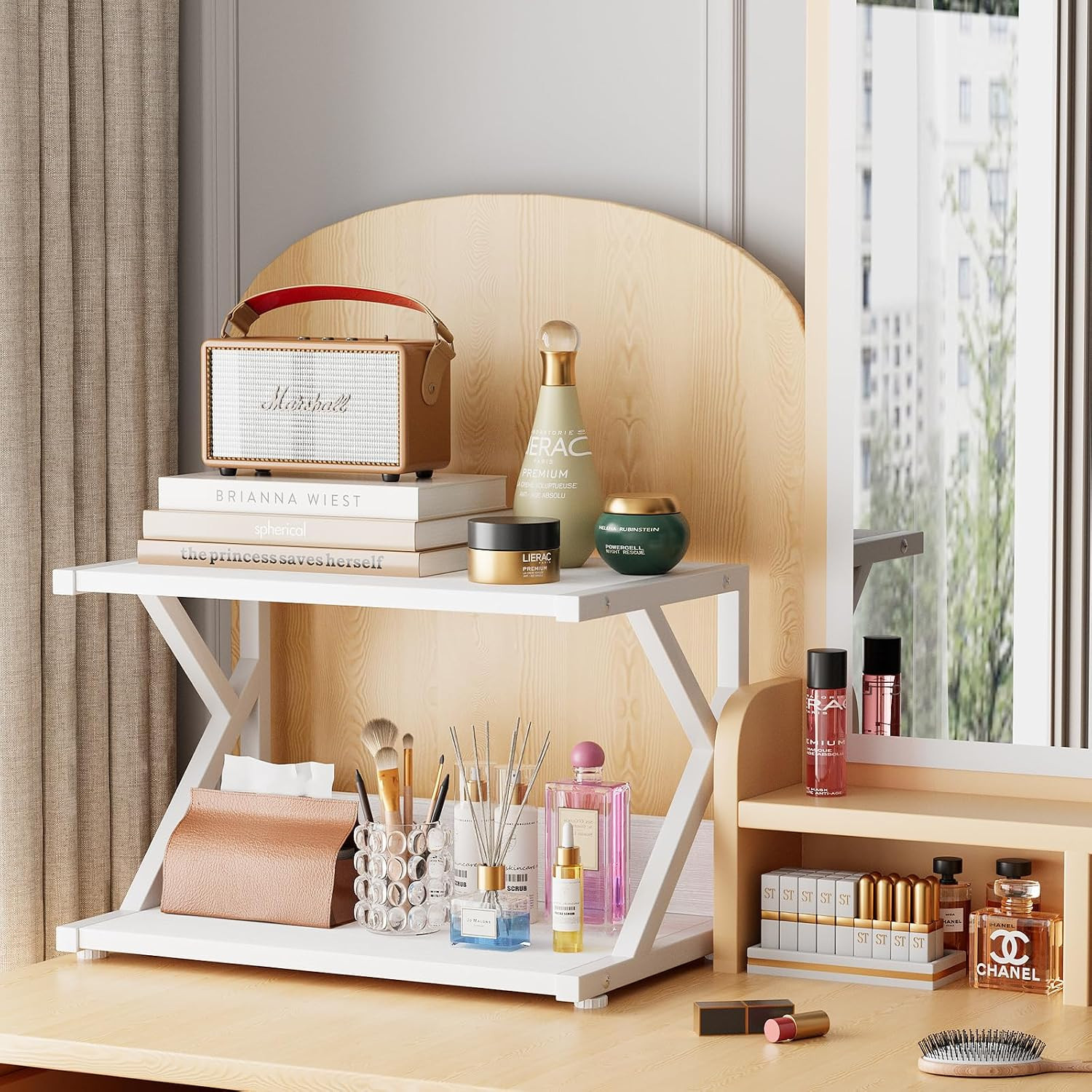 Desktop Printer Stand with 2 Tier Wood Storage Shelves,Under Desk Printer Table,