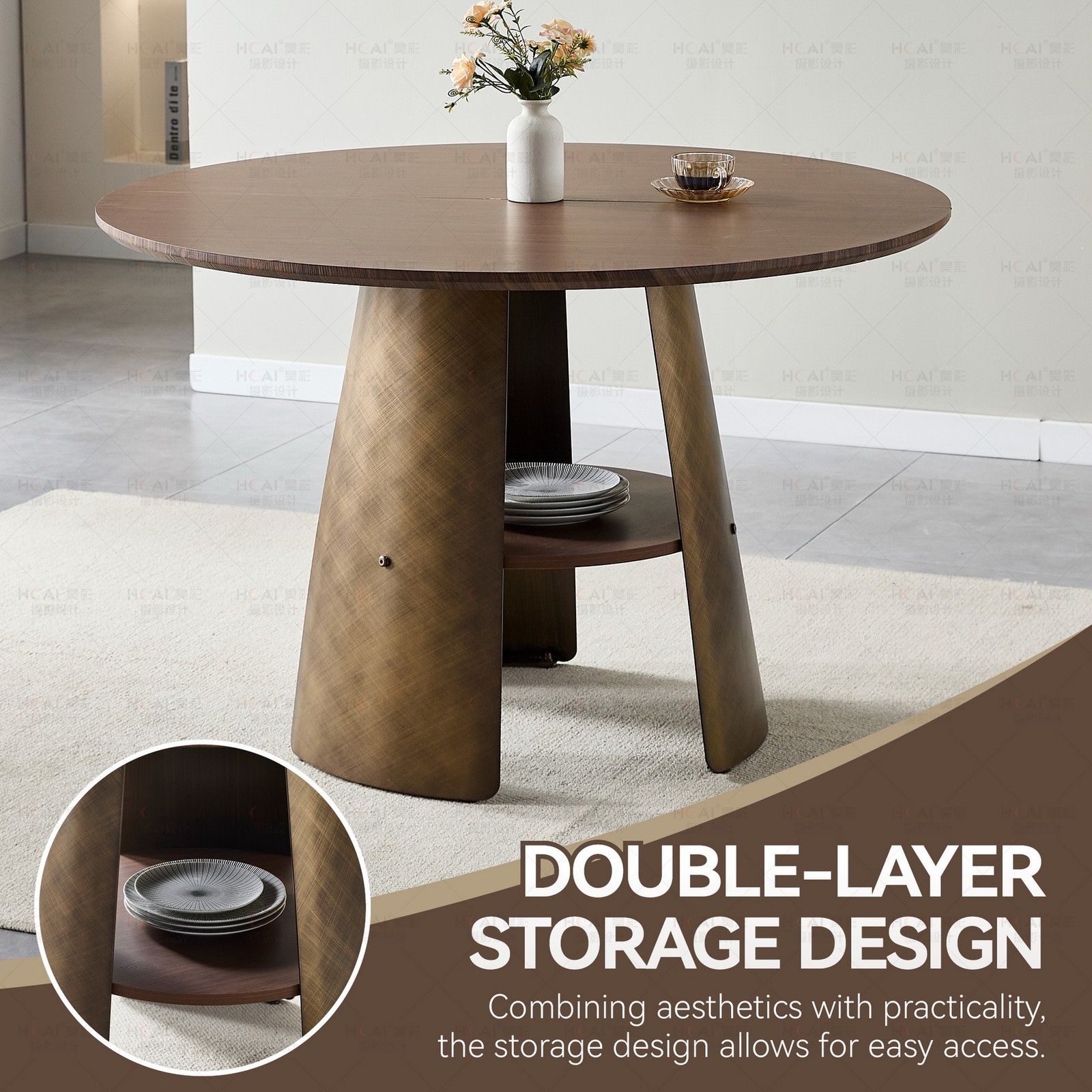 47″ Round Dining Table Brushed-Bronze Pedestal Middle Shelf 4-6 People Kitchen