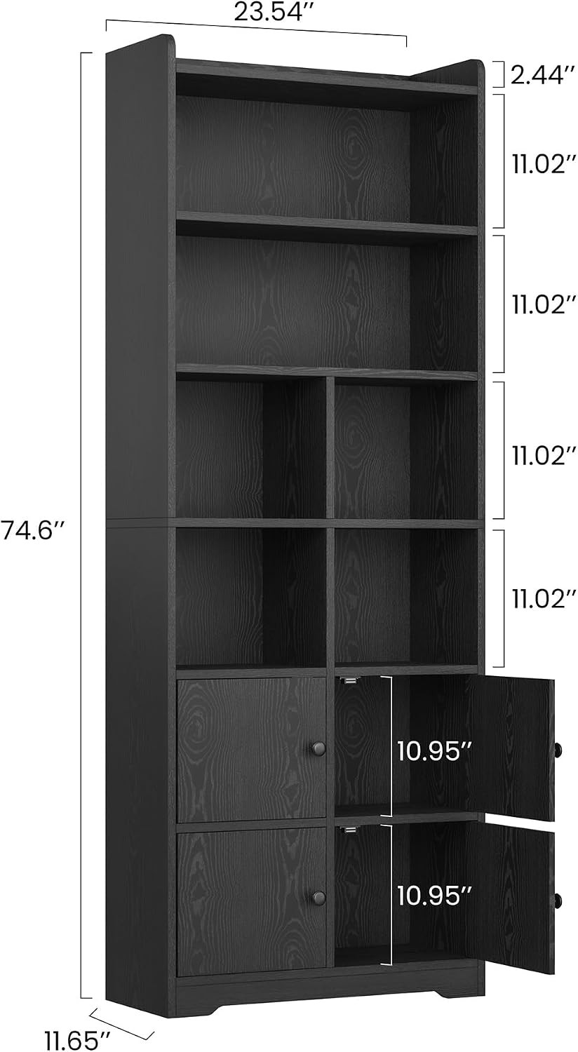 Bookshelf with Doors, Book Shelf with Storage Shelves, 74.6 in Tall Bookcase for