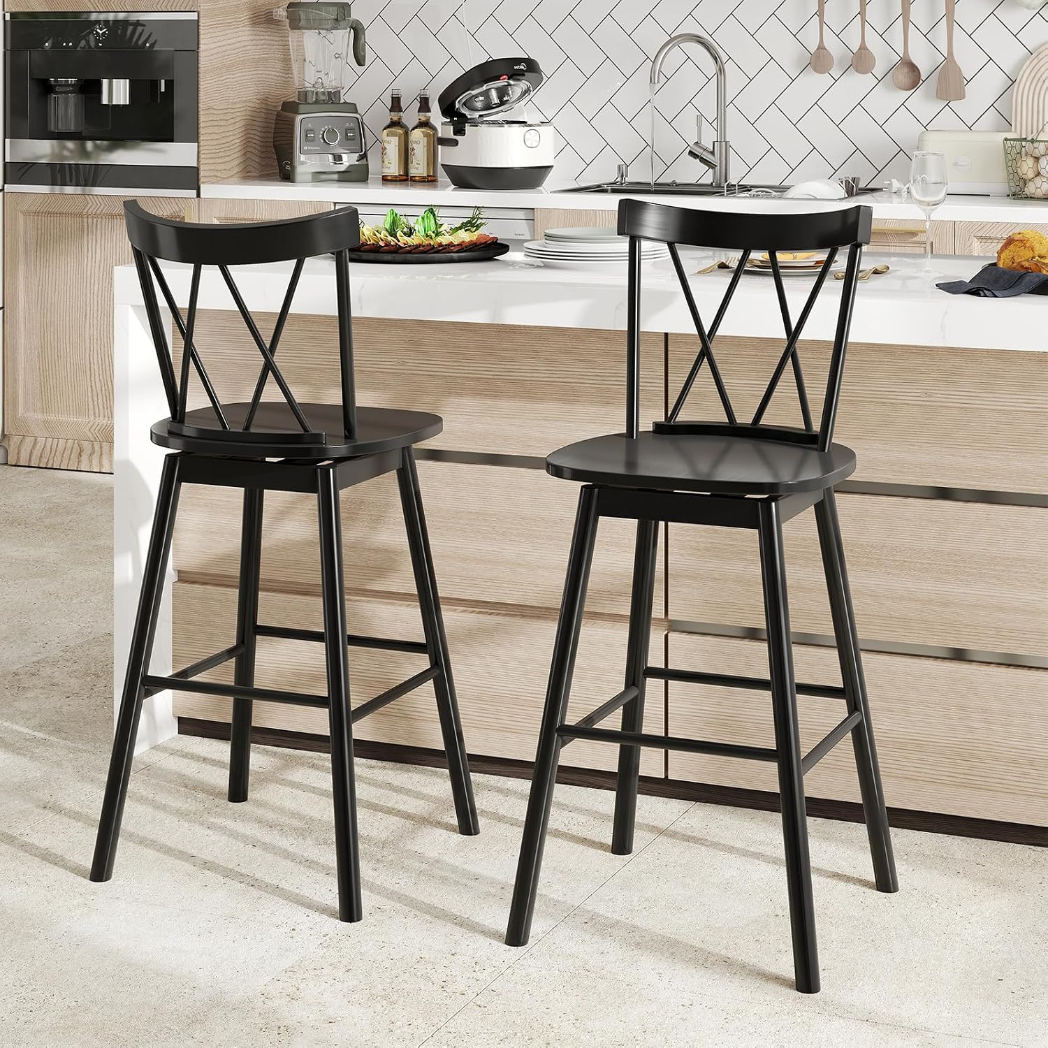 Set of 2 Windsor Swivel Bar Stools, 29″ Farmhouse Style, Black