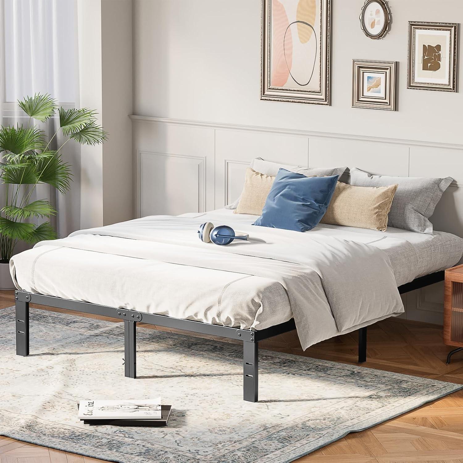 NEW Metal King Bed Frame 14in Heavy Duty Steel Slat Storage Black 2200LBS