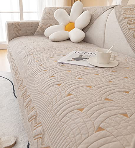 Solid Color Cotton Quilted Sofa Couch Cover Weave Pattern Soft Sectional