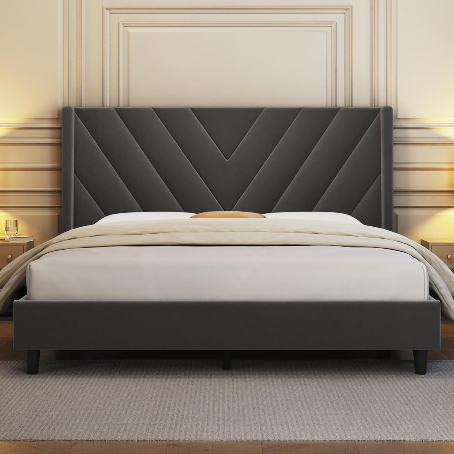 Elegant Dark Gray Queen Upholstered Bed Frame with Winged Tufted Headboard