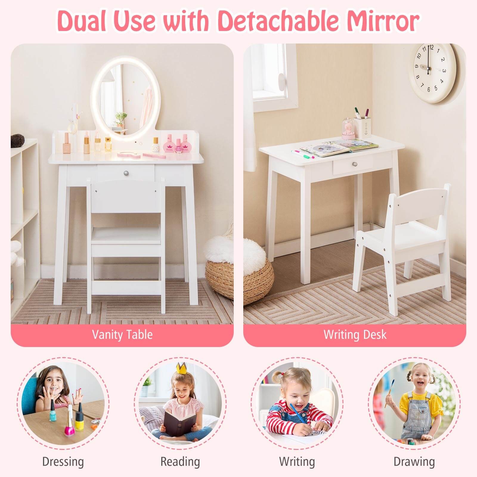 Kids Vanity Table w/Lighted Mirror & Chair 2-Color LED Lighting Drawer for Girls