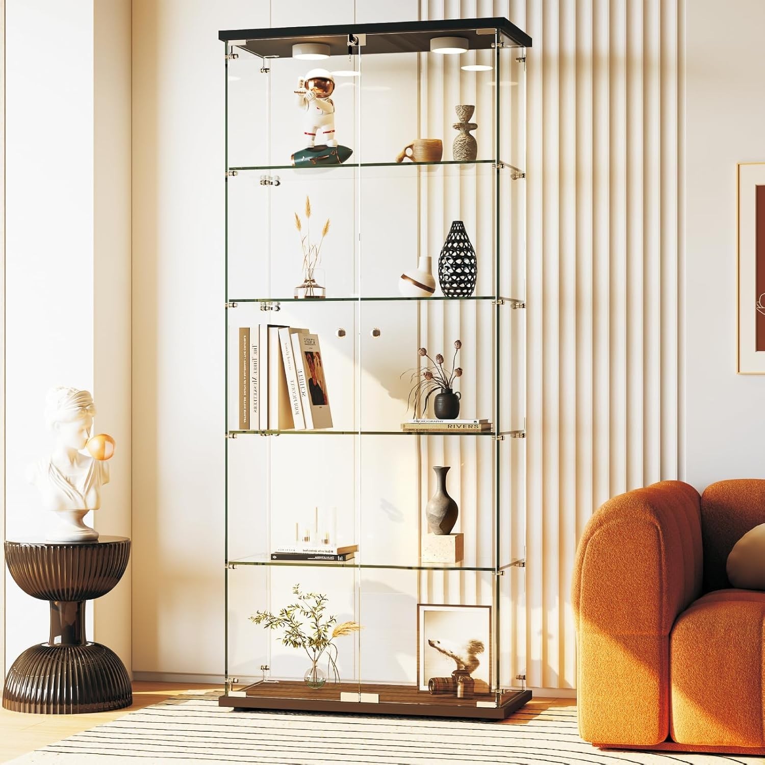 Tempered Glass Display Cabinet with LED Light 5 Shelves Lockable Curio Showcase