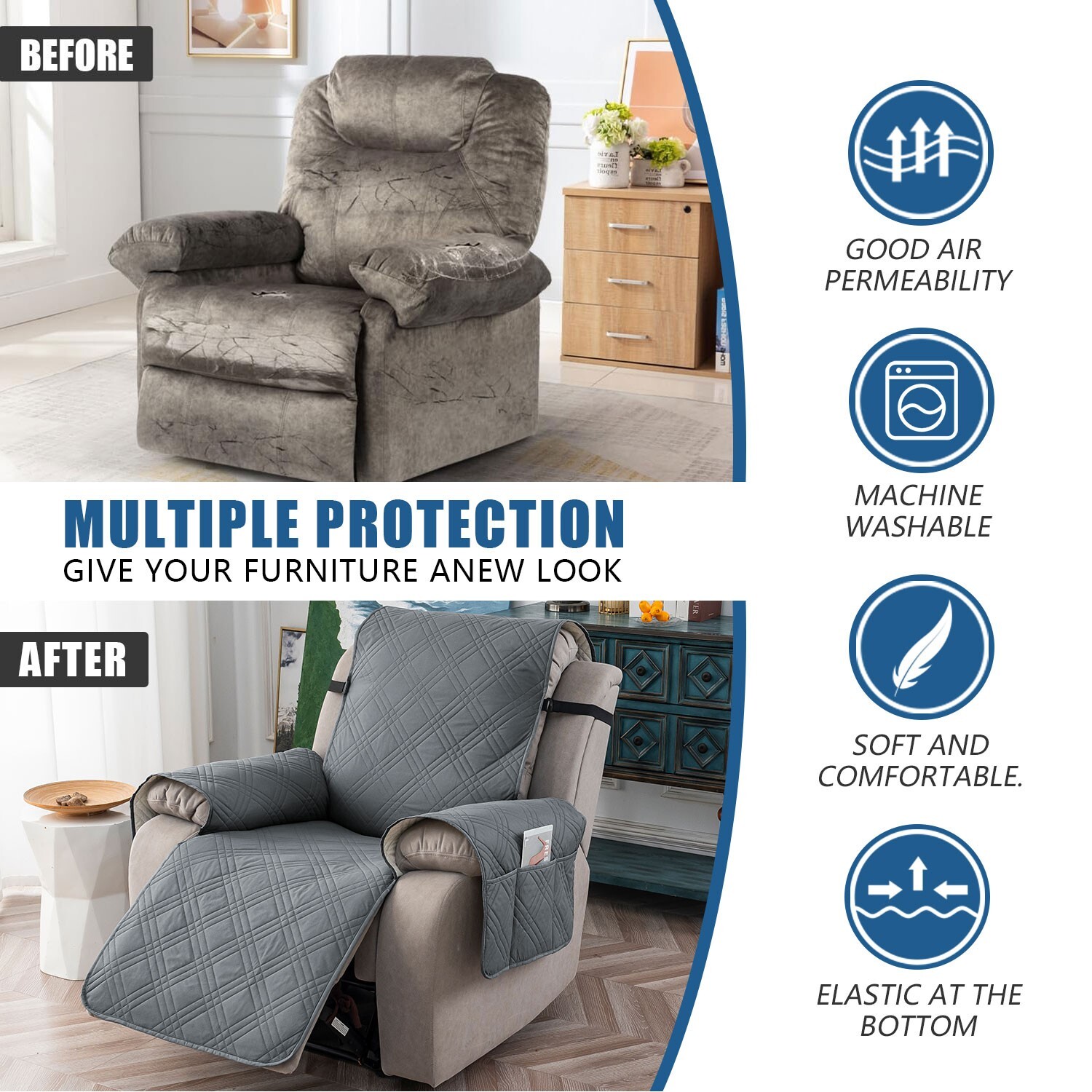 100% waterproof non-slip recliner cover, pockets, furniture protection trim