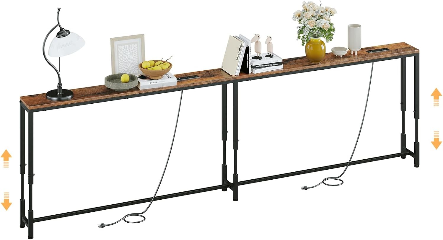 110.2″ Behind Couch Table Adjustable Height 23.8~34.8″ with 2 Charging Stations,