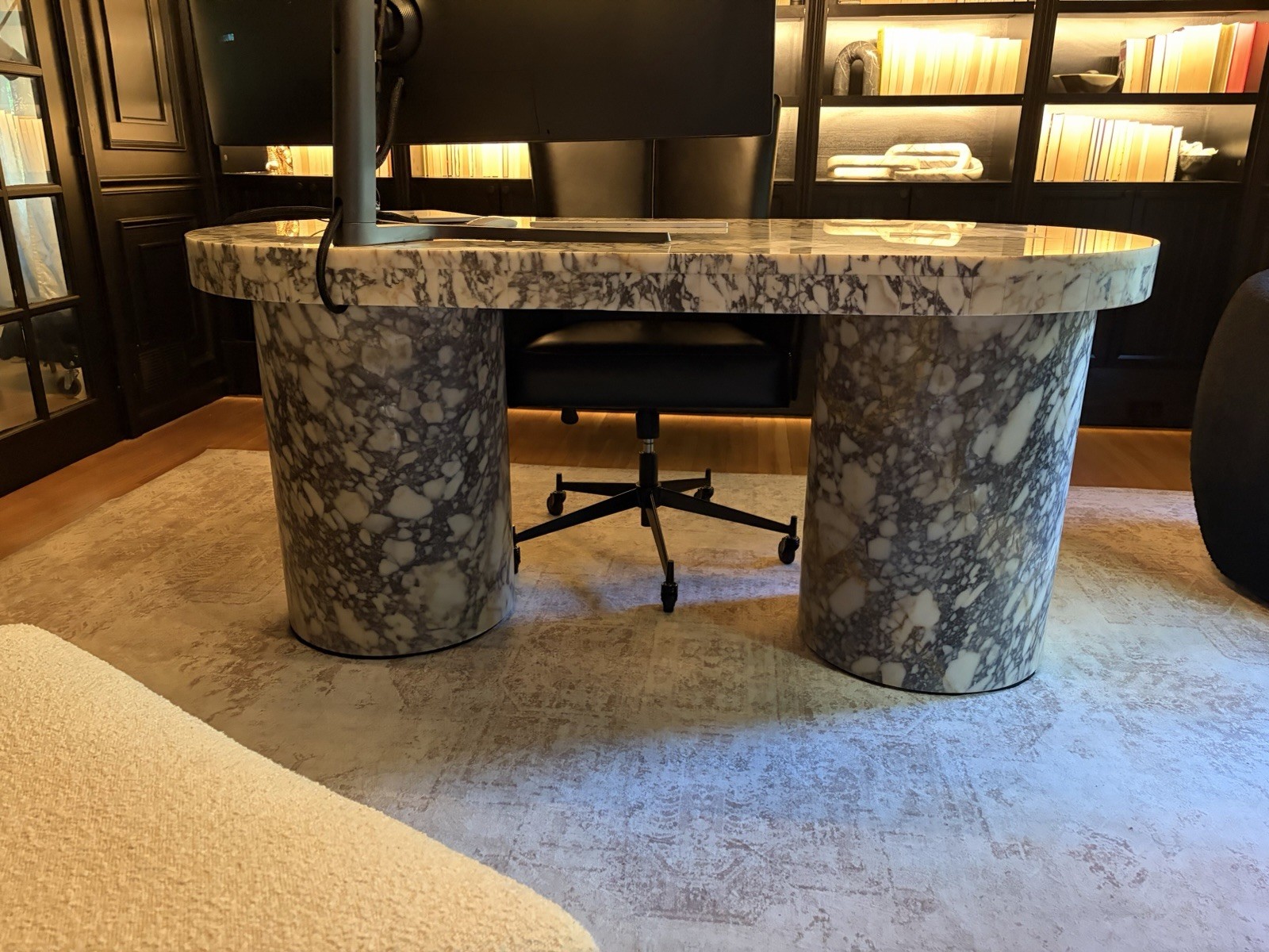 Oval Polished Marble Desk 73 x 35 in, 33 in H, Marbled Multicolor Modern