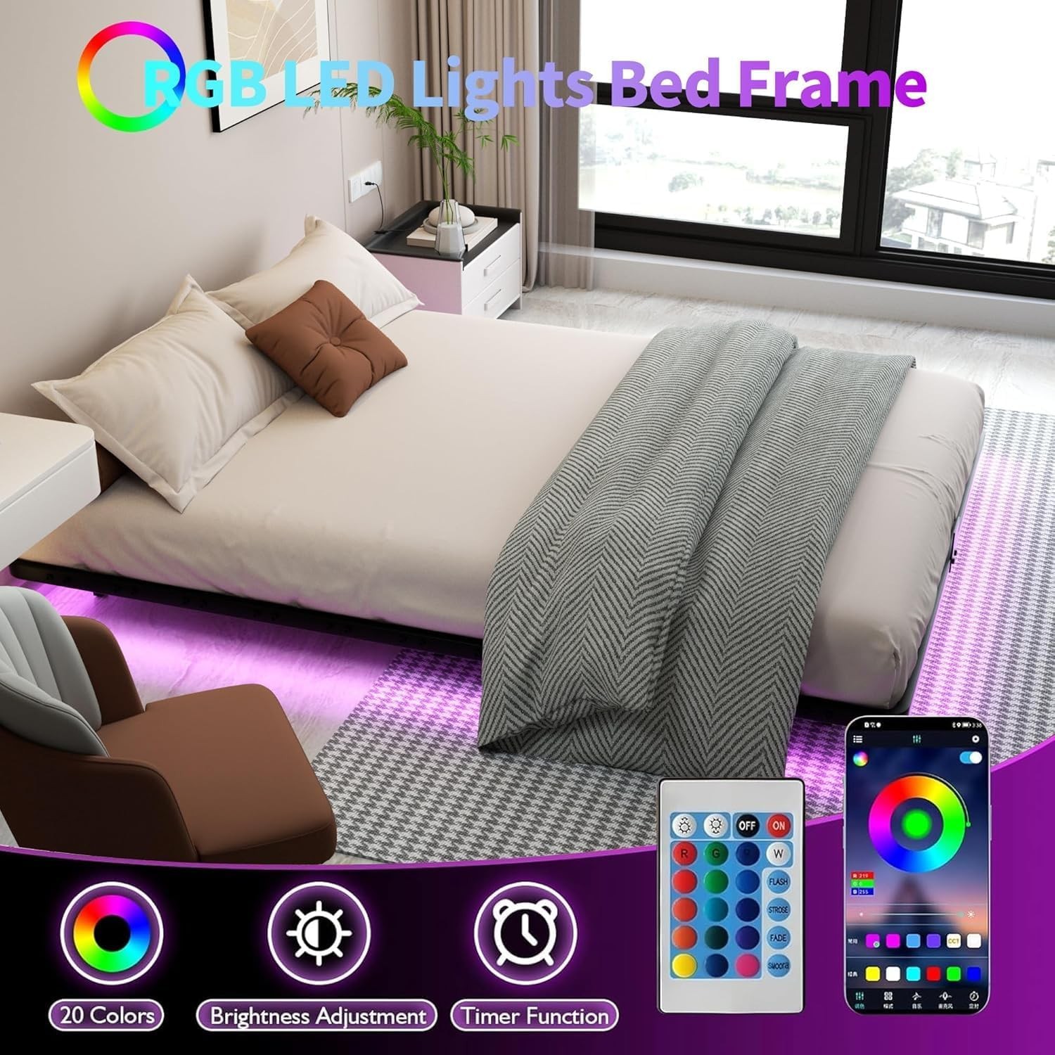 Floating Bed Frame Queen Size with LED Lights Metal Platform Bed No Box Spring N