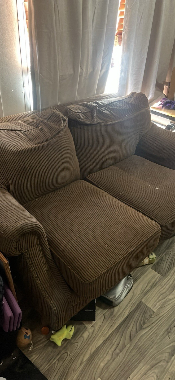 Brown Fabric Loveseat Sofa 2-Seat Rolled Arms Cushion Back Wood Frame