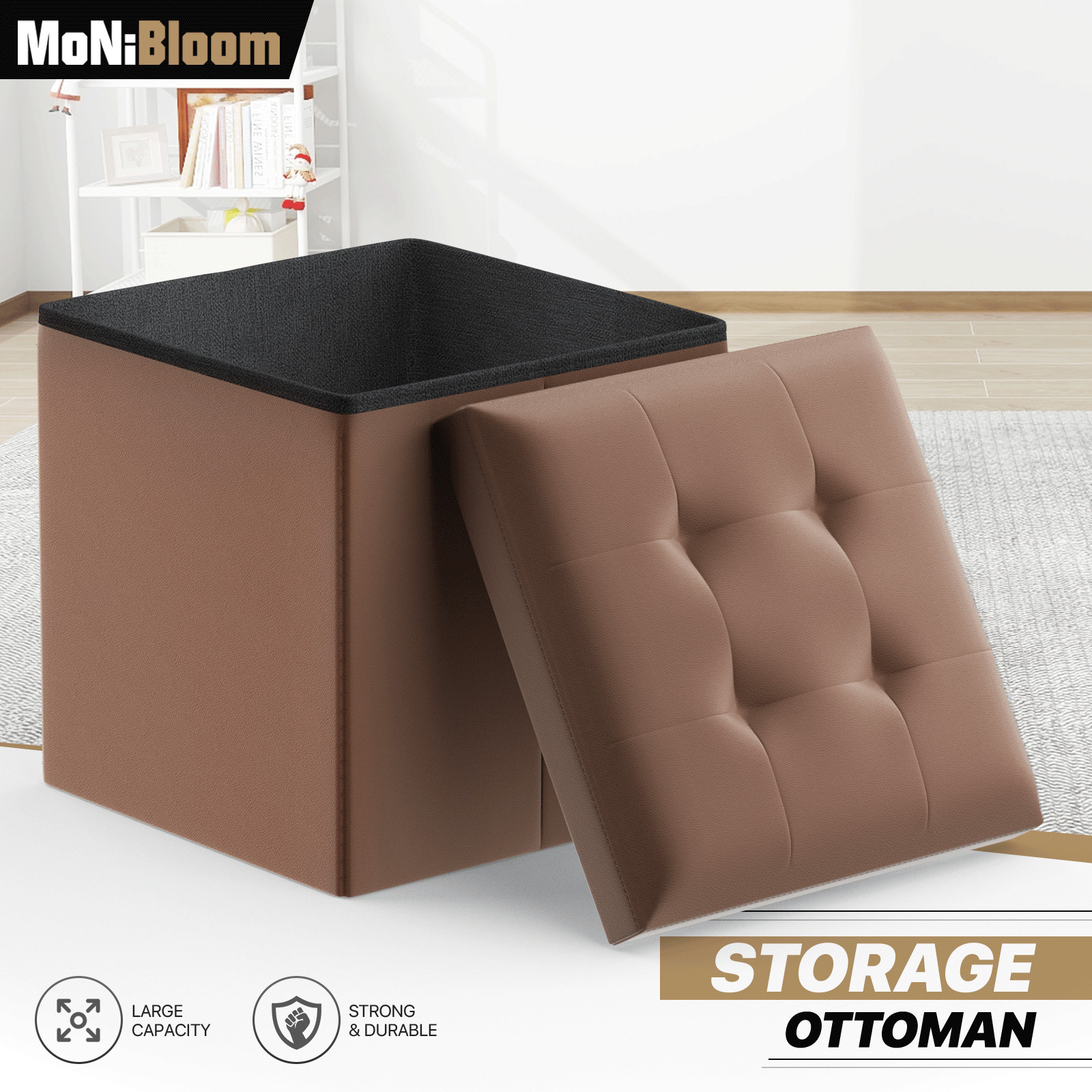 Faux Leather Brown Classic Cube Storage Ottoman Home Living Room Bench Footstool