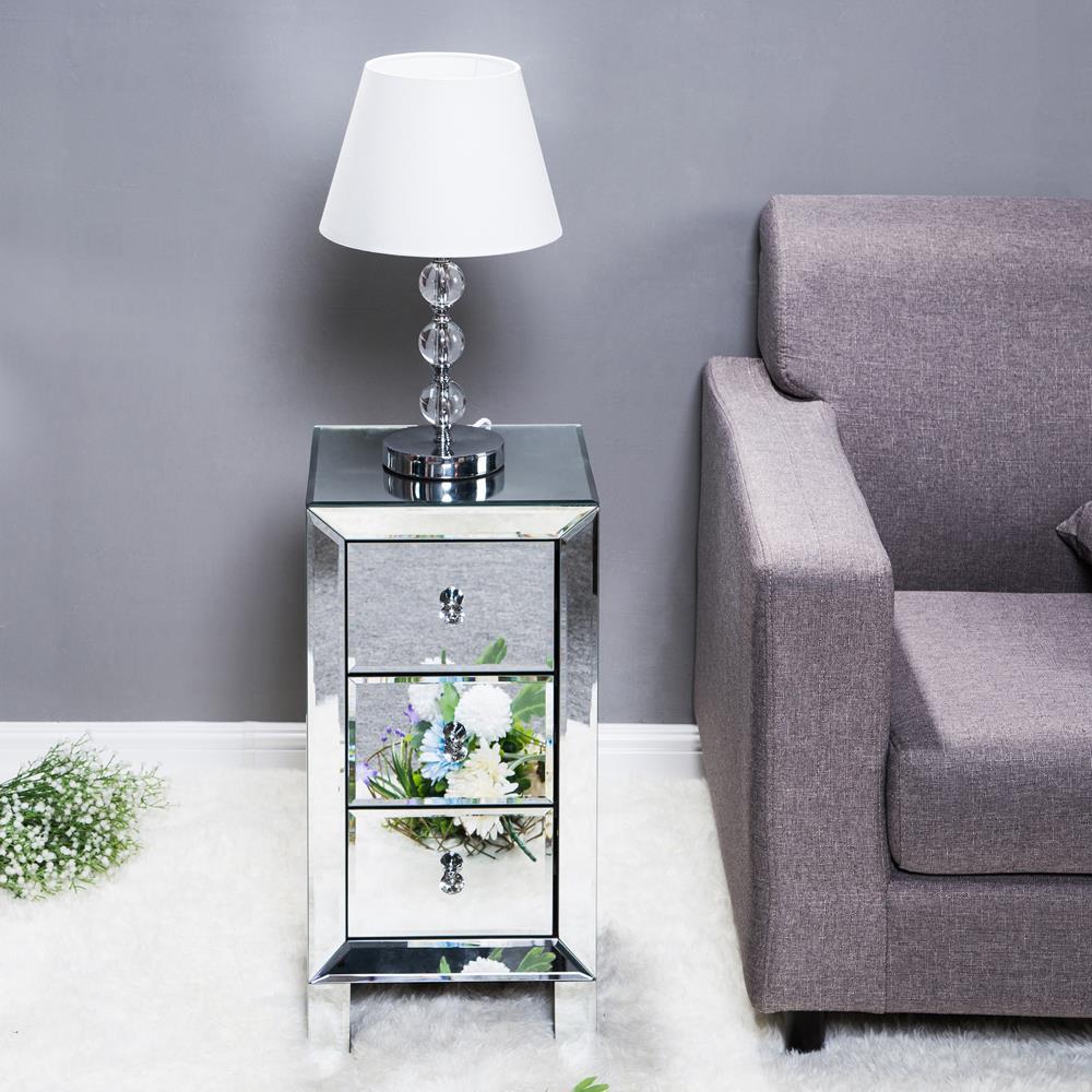 Mirrored Nightstand with 3 Drawer Modern Silver Finished End Bedside Table