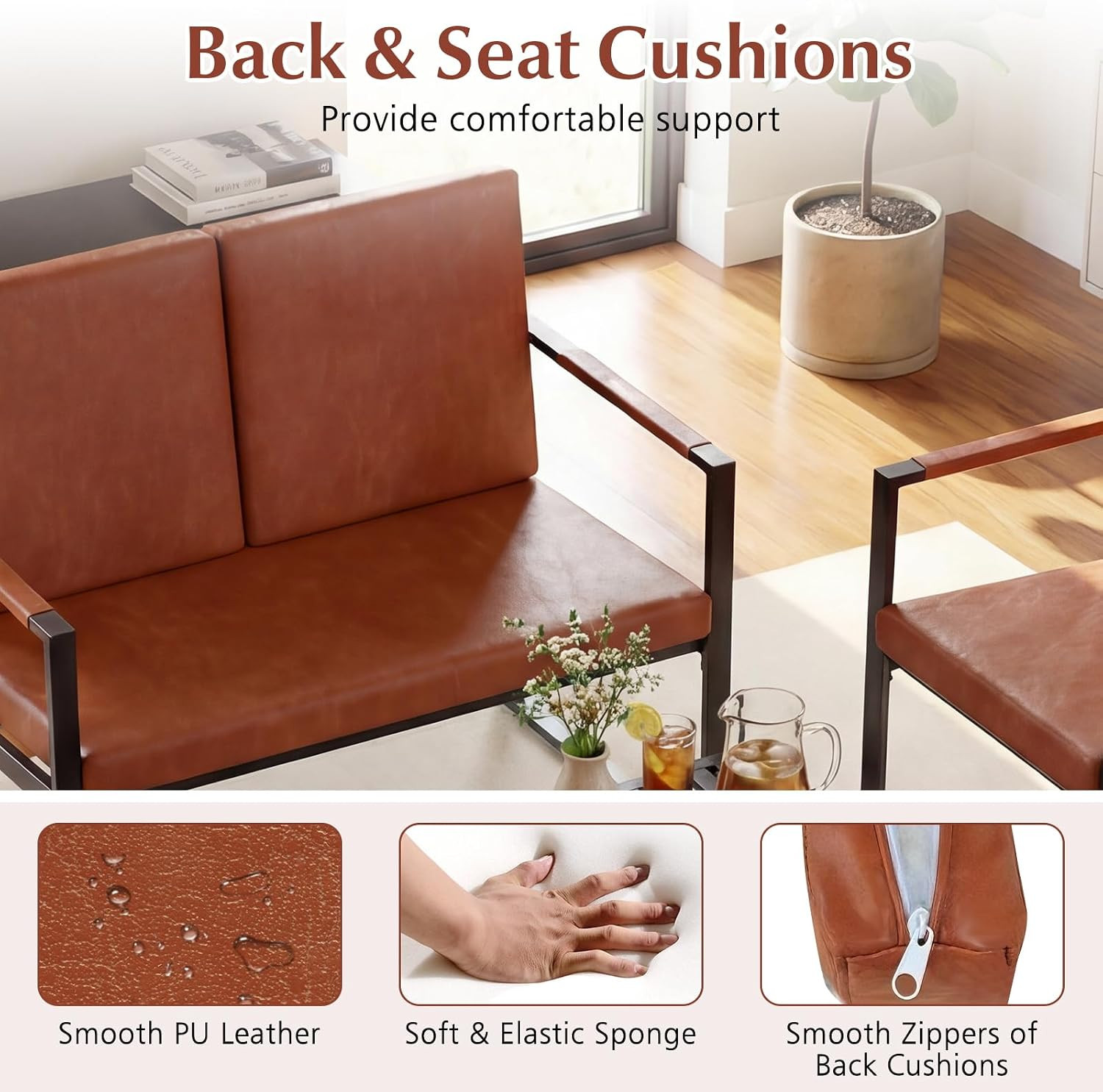Stylish Brown Loveseat Sofa, 2-Seater with Metal Frame & Removable Cushions