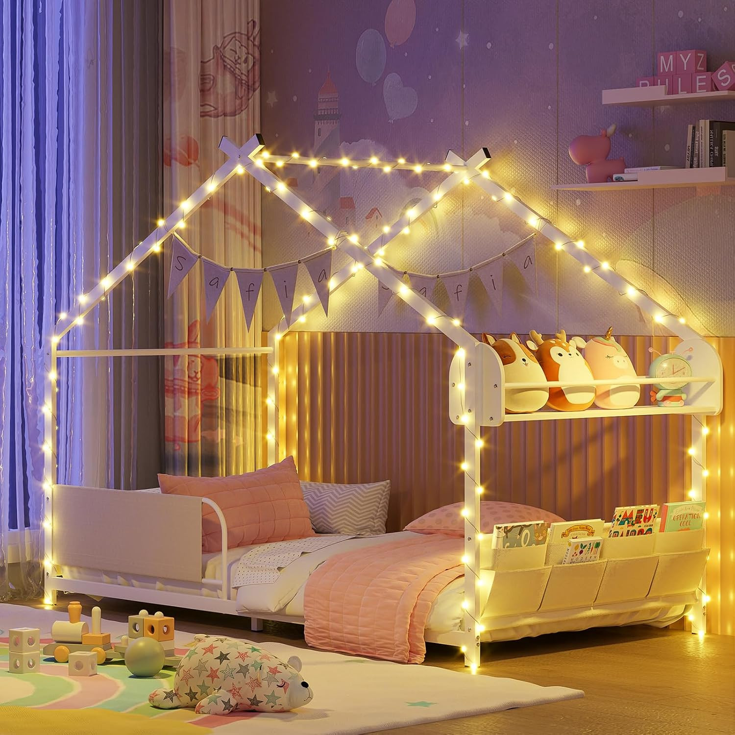 Twin Size House Bed with Storage Rack and Caddy Montessori House Shape Bed Metal