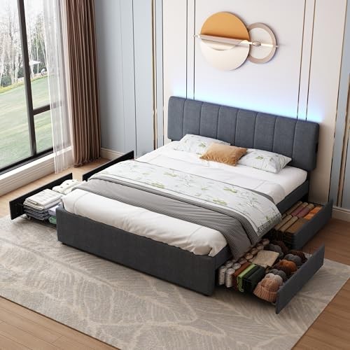 King Size Upholstered Platform Bed with 4 King (U.S. Standard) Dark Gray